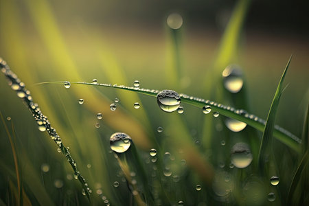 Dew on the fresh spring grass in the field. Glorious Generative AI.の素材