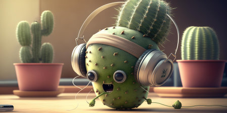 Cactus wearing headphones working out in gym cute. Generative AI AIG16.の素材