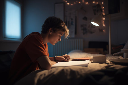 Male Caucasian teenager doing homework in bedroom studying smart. Generative AI AIG23.の素材