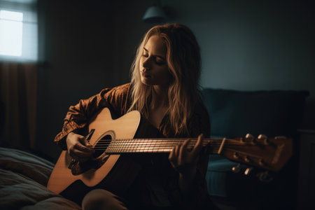 Female Caucasian 20s playing guitar in bedroom activity music. Generative AI AIG23.の素材