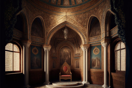 A golden filigree throne room in a medieval castle king sitting on the throne intricate designs the walls and ceiling, Generative AI AIG16.の素材