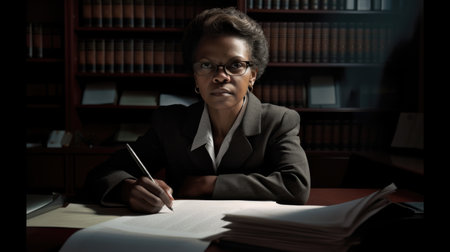Lawyer Female African-American Mature Sitting behind desk reading documents in Law Firm. Generative AI AIG22.の素材