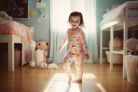 Female Caucasian child playing in playroom fun leggings. Generative AI AIG23.の素材