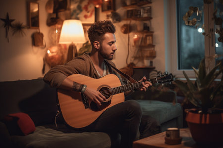 Male Caucasian young adult playing guitar in living room activity music. Generative AI AIG23.の素材