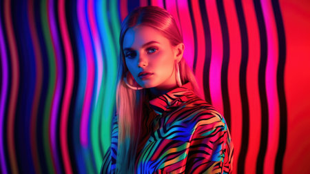 Young female model posing with trendy fashion outfit and colorful glowing vibrant green lime and pink optical art abstract background. Picturesque generative AIの素材