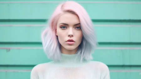 Winter pink paste outfit with beautiful female model, colorful dyed hair and fashionable teenager girl. Picturesque generative AIの素材