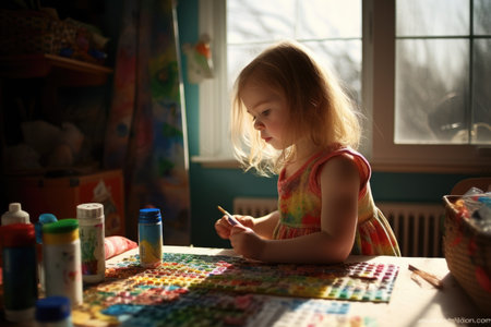 Female Caucasian child drawing in art room artist draw. Generative AI AIg23.の素材