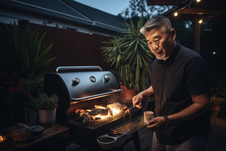 Male Asian middle aged grilling patio outdoor grill food meal. Generative AI AIG23.の素材