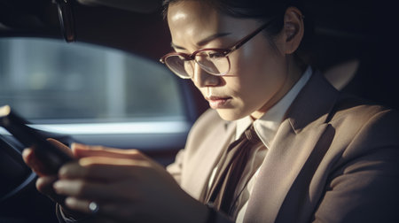 CEO Female Asian Mature Checking emails and responding to urgent messages in a parked car. Generative AI AIG22.の素材