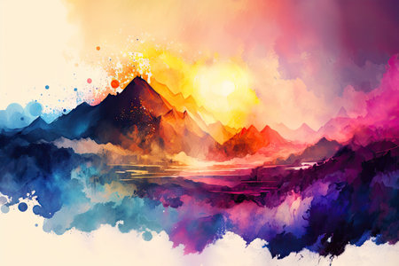 Abstract of colorful mountains in the sun light painting on watercolor technique. Concept of beautiful pastel background in the forest landscape. Glorious Generative AI.の素材