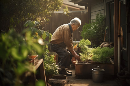 Male Asian elderly gardening in backyard plants practical. Generative AI AIG23.の素材