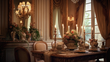 Interior design inspiration of Traditional Classic style home dining room loveliness decorated with Wood and Marble material and Window .Generative AI home interior design .の素材