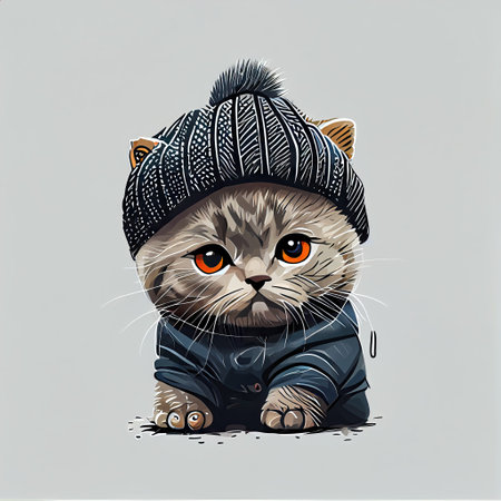 Cute kitten in baby british shorthair wearing sweater hat isolated plain background. Concept of pet in photo pixar technique. Glorious generative AI.の素材