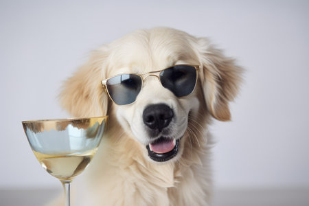 Golden retriever dog with glass of cocktail on white backgroundの素材