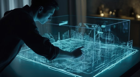 The man touching on glass design of city in the style of light teal. Generative AI AIG21.の素材