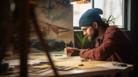 The male painter sitting in the studio using watercolor on his art. Generative AI AIG21.の素材