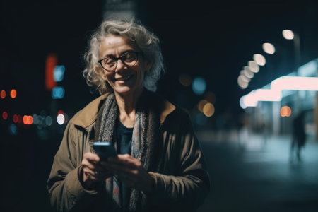 Wide angle shot of a senior caucasian woman trendy clothes using phone. Generative AI AIG18.の素材