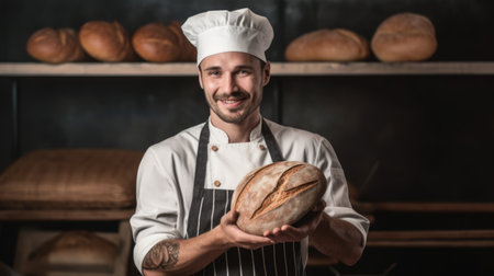 Smiling male baker holding baked bread. Generative AI AIG21.の素材