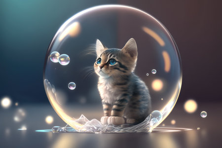 A cute japanese anime style kitten cat in soap bubble. distinct generative AI image.の素材