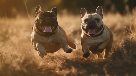 Two French bulldogs frolicking in a grassy field during day sunny. Generative AI AIG18.の素材