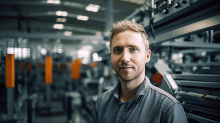 Blonde male engineer smiling, standing inside the smart factory with robotic arm looking at the camera with blur background. Generative AI AIG20.の素材