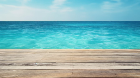 Wooden texture table with blue sea and bright sky in summer background. Generative AI AIG21.の素材