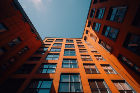 Low angle shot of a unique high rise orange building touching the blue sky. Generative AI AIG21.の素材