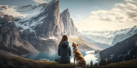 Young beautiful woman enjoy view with her dog during hiking trip in the mountain. distinct generative AI image.の素材