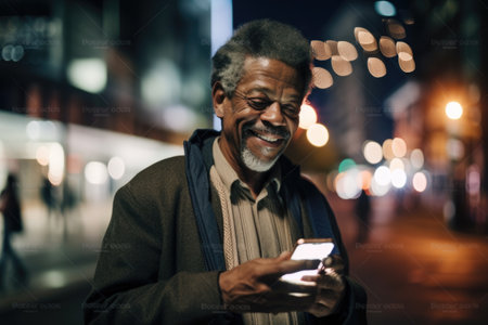 Wide angle shot of a senior african-american man trendy clothes using mobile phone with background of urban city street at night. Generative AI AIG18.の素材