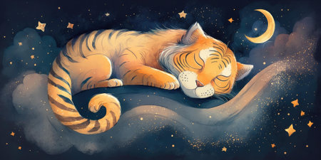 A cute and adorable tiger is sleeping under night sky between stars pillow. Generative AI AIG16.の素材