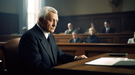 Lawyer Male Caucasian Middle-aged Presenting in court in Courtroom. Generative AI AIG22.の素材