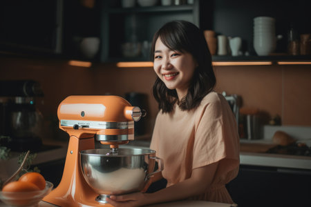 Female Asian adult cooking in kitchen apron chef uniform. Generative AI AIG23.の素材