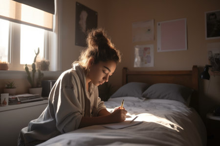 Female Hispanic teenager studying in bedroom study smart. Generative AI AIG23.の素材