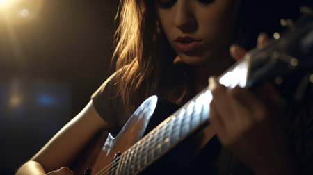 Guitarist Female Hispanic Young Adult Playing guitar on stage or in a music video in Performance venue. Generative AI AIG22.の素材