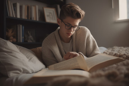 Male Caucasian teenager reading books in bedroom casual relaxing. Generative AI AIG23.の素材
