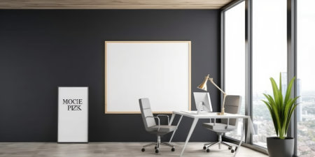 One large Mockup frame canvas in office room interior indoor. Generative AI AIG18.の素材