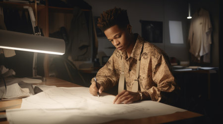Creative Fashion Designer Male African-American Young Adult Taking measurements and cutting fabric in Workroom. Generative AI AIG22.の素材