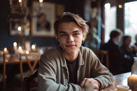 Male Caucasian teenager socializing dining room light conversation. Generative AI AIG23.の素材