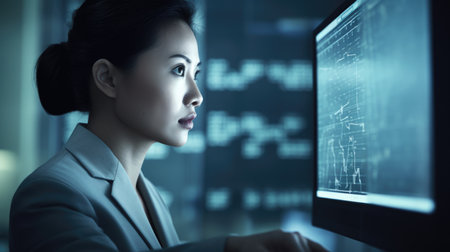 Businessperson Female Asian Mature Analyzing financial data on computer in Office. Generative AI AIG22.の素材