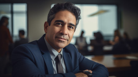 Marketing Coordinator Male Hispanic Middle-Aged Developing and implementing marketing strategies in Boardroom. Generative AI AIG22.の素材