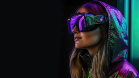 Beautiful model with colorful and trendy outfit with glowing purple pink light, colorful dyed hair and fashionable glitch core teenager girl wearing VR. Picturesque generative AIの素材
