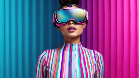 Young female model wearing VR posing with trendy fashion outfit and colorful pastel optical art abstract background. Picturesque generative AIの素材