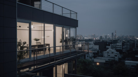 Home architecture design in Art Deco Style with Curved shapes constructed by Stucco and Glass material. Streamlined Modern style. Generative AI AIG25 .の素材