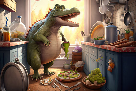 Funny Tyrannosaurus rex dinosaur cartoon character. Concept of diverse feeling. Glorious Generative AI.の素材