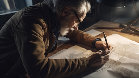 Architect Male Caucasian Middle-aged Drawing blueprint. Generative AI AIG22.の素材