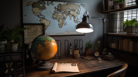 Interior design of Home Office in Industrial style with Reclaimed wood desk decorated with Metal shelving, wire baskets material. Industrial architecture. Generative AI AIG24.の素材