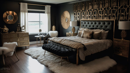 Bedroom decor, home interior design . Art Deco Glam style with Chandelier decorated with Brass and Velvet material . Generative AI AIG26.の素材