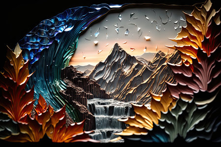 Landscape waterfalls and mountains made from carnival glass. Glorious Generative AI.の素材