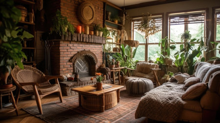Living room decor, home interior design . Rustic Bohemian style with Fireplace decorated with Wood and Textiles material . Generative AI AIG26.の素材