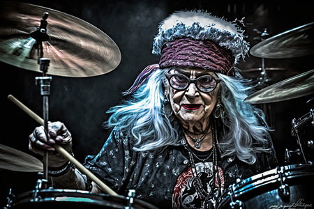glam rock elderly woman drummer glam metal guitar rehearsal. Glorious Generative AI.の素材